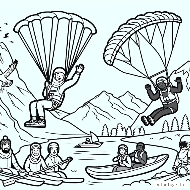 Une scène de sports extrêmes avec des athlètes téméraires pratiquant du saut à l'élastique, du rafting d'eau vive, du parapente sur une montagne et du monoski sur des pistes enneigées.