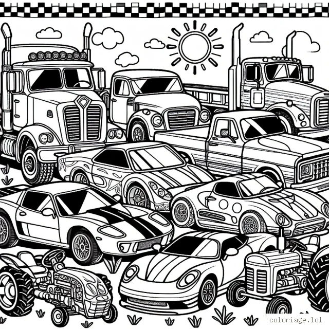 Des voitures de tous types - voitures de sport, voitures anciennes, camions, tracteurs et voitures de course sont stationnées ensemble dans un grand parking. Certaines voitures ont des motifs amusants et des rayures. Le soleil brille dans le ciel, créant des ombres intéressantes qui attendent d'être remplies de couleurs.