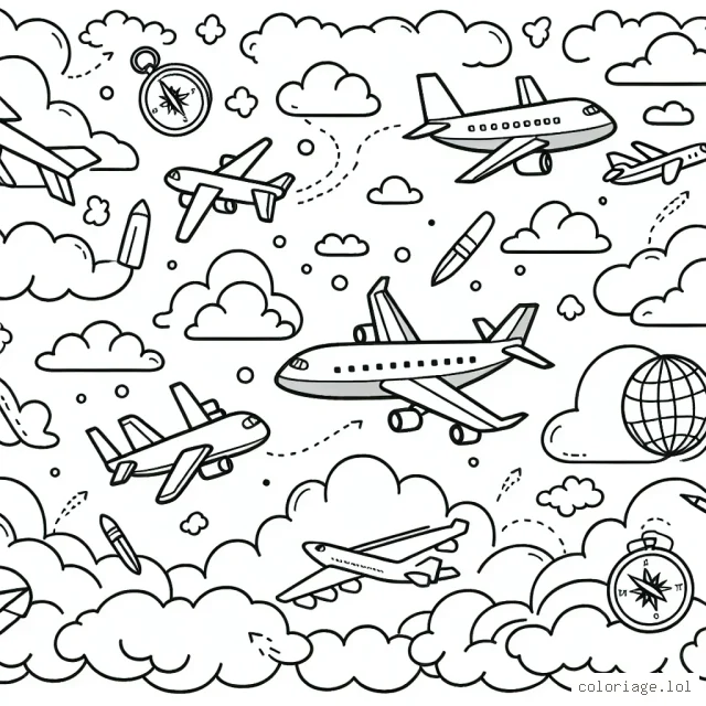 Imaginez un avion en vol, volant haut dans le ciel autour des nuages. Croquis de plusieurs avions de différentes formes et tailles. Pour faire les choses de manière amusante et éducative, ajoutez une boussole, un globe et d'autres icônes de voyage.