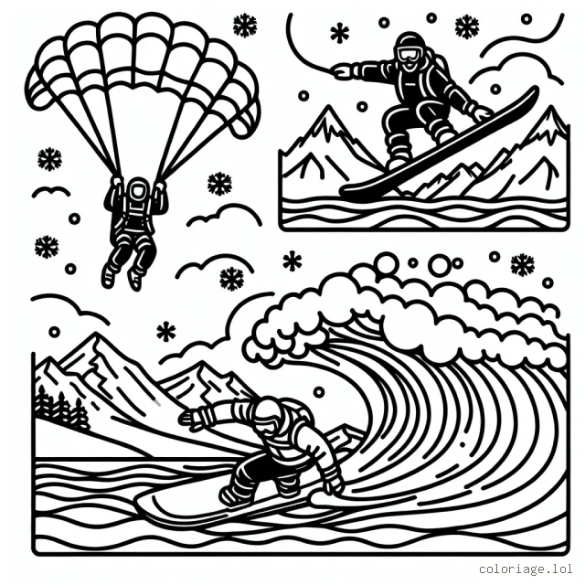 Dessinez et coloriez un parachutiste en plein saut, un snowboarder dévalant une montagne enneigée et un surfeur chevauchant une vague gigantesque! Ne l'oubliez pas, faites preuve de beaucoup de couleurs et de précision dans vos dessins!