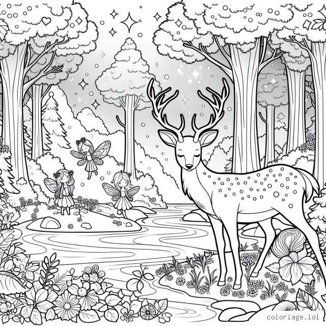 C'est le moment de créer un trajet éblouissant au cœur de la nature. Voyons voir à quoi ressemblerait un cerf majestueux dans une forêt enchantée avec les petites fées autour d'une rivière scintillante.