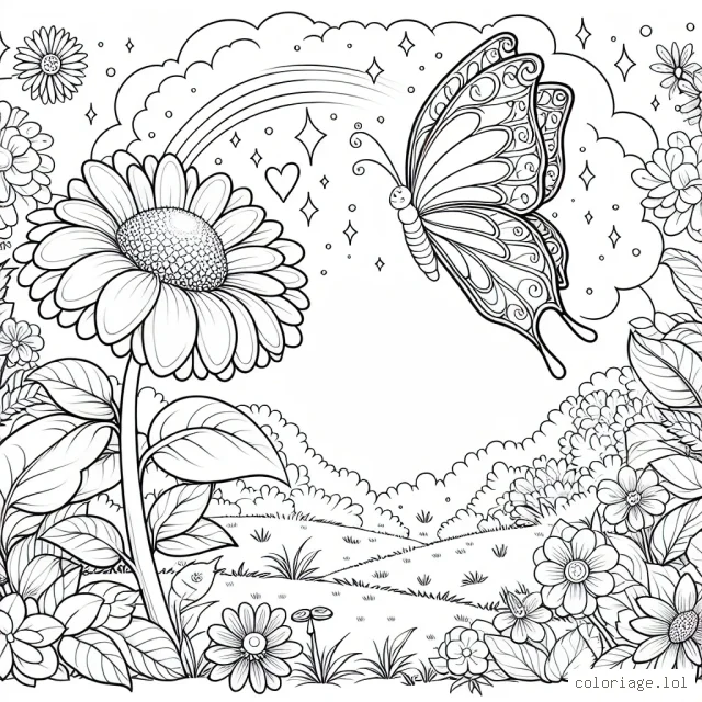 Un papillon magique se posant sur une grande fleur colorée dans un jardin enchanté.