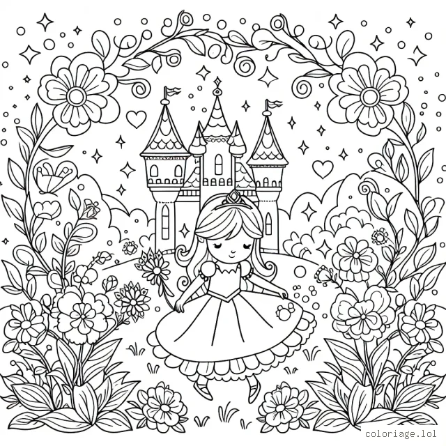 Une petite princesse entourée de fleurs magiques dans un jardin enchanté.