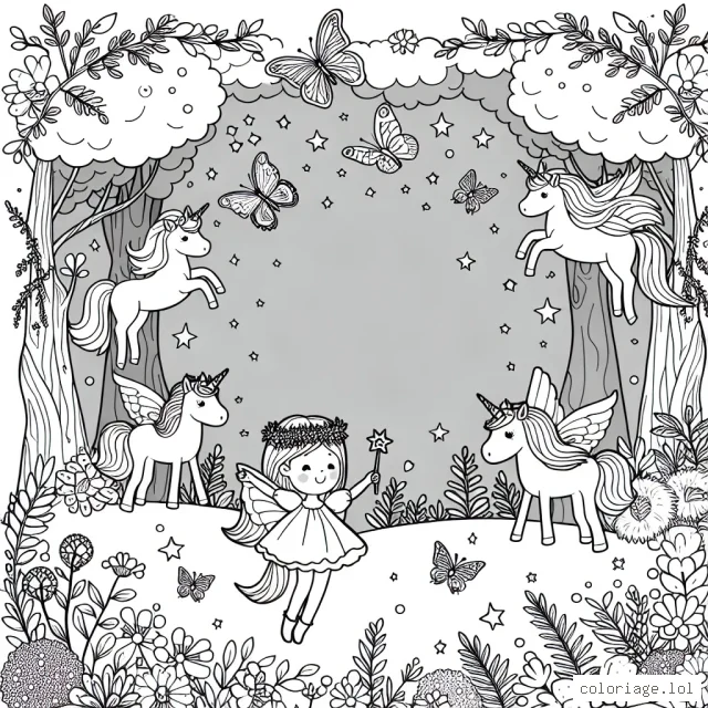 Une petite fille joue avec des licornes magiques dans une forêt enchantée, entourée de fleurs et de papillons.