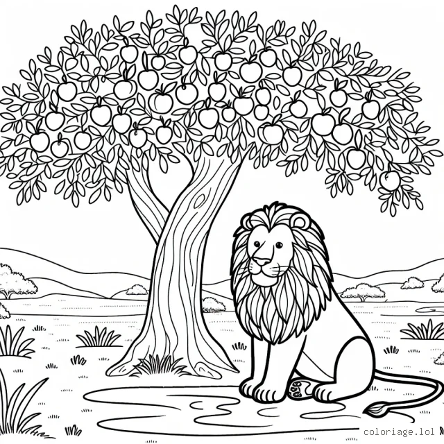 Colorie un lion majestueux sous un arbre fruitier au milieu de la savane africaine.