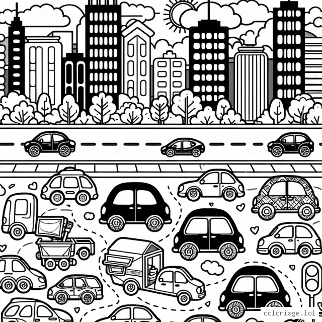 Dessine une scène animée avec différentes sortes de voitures dans une ville animée.