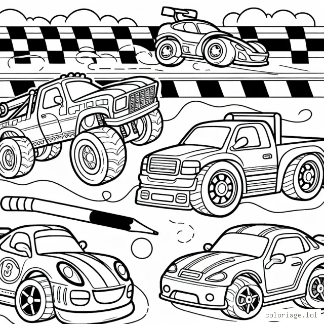 Dessiner une scène de course automobile avec différentes voitures colorées.