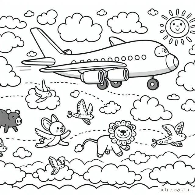 Un avion transportant des animaux au-dessus des nuages