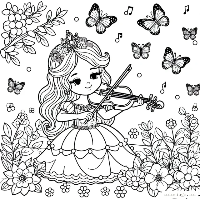 Une princesse jouant du violon dans un jardin fleuri entourée de papillons colorés.