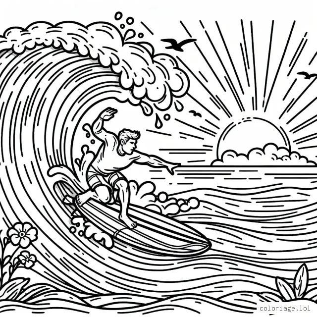 Dessinez un surfeur en pleine action, domptant une vague gigantesque sur un fond de coucher de soleil. Il a un équipement coloré et il y a également des oiseaux volant dans le ciel.