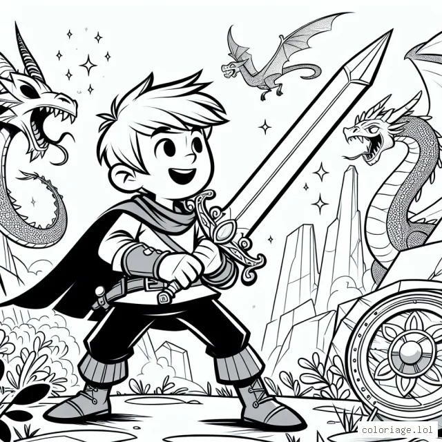 Un jeune chevalier audacieux qui se prépare pour une aventure fantastique dans un royaume lointain, brandissant son épée scintillante en haut, prêt à combattre les dragons féroces.
