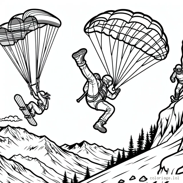Un parachutiste en plein saut, volant au-dessus d'une montagne enneigée avec une planche de snowboard attachée à ses pieds, un parachutiste en train d'exécuter un flip arrière et une grimpeuse s'attaquant à une paroi rocheuse vertigineuse.