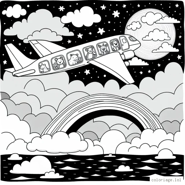 Un avion de ligne vole dans un ciel étoilé avec un arc-en-ciel en arrière-plan. À bord de l'avion, des animaux exotiques profitent du vol depuis les fenêtres de l'avion, tandis que le soleil se couche à l'horizon.