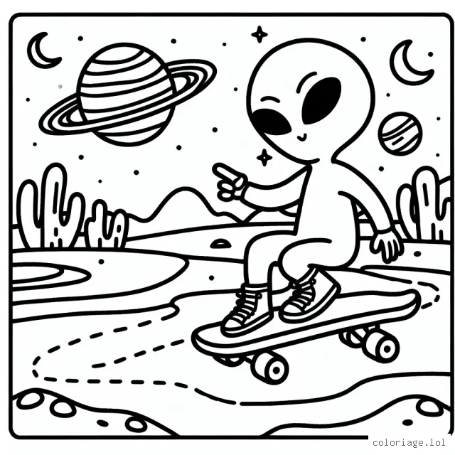 Un extraterrestre faisant du skateboard dans un paysage de planète lointaine