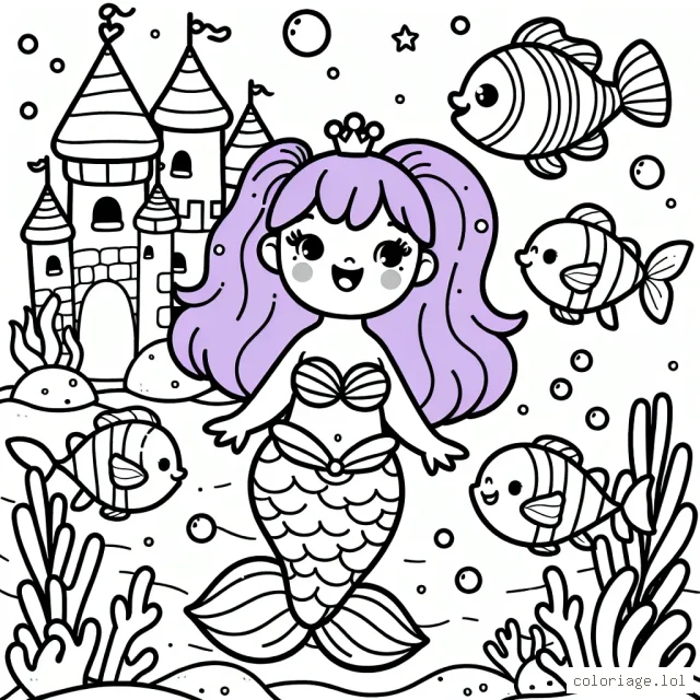 Une petite sirène aux cheveux violets nage joyeusement avec ses amis les poissons tropicaux colorés autour d'un château de corail scintillant.