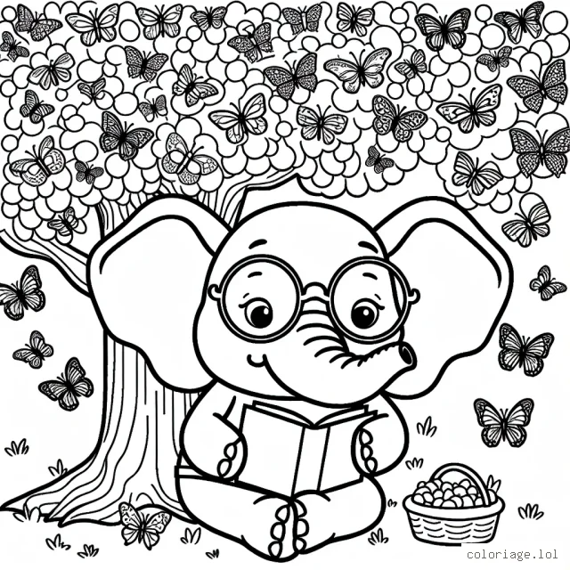 Un éléphant philosophe avec des lunettes, assis sous un arbre fruitier, entouré d'une multitude de papillons colorés.