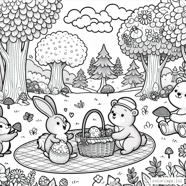 Un joyeux pique-nique d'animaux dans la forêt magique