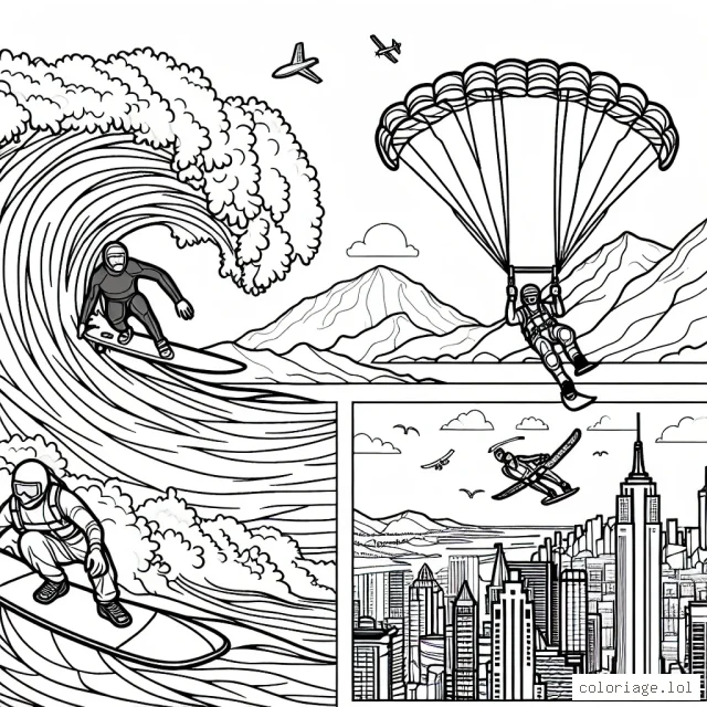Dessine un surfeur audacieux chevauchant une vague géante, un snowboarder exécutant un saut époustouflant en montagne et un parachutiste planant au-dessus d'une ville ultramoderne