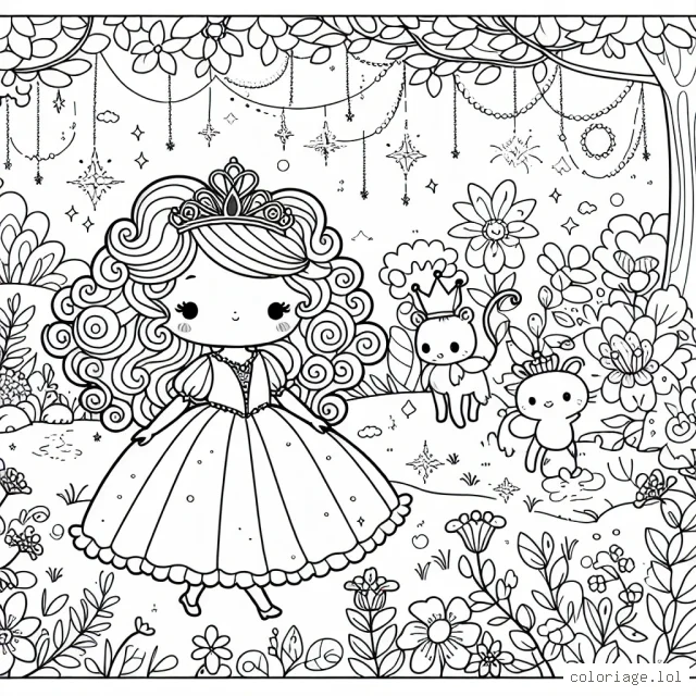 Une jolie princesse à la chevelure bouclée marche dans un jardin enchanté rempli de fleurs étincelantes et d'animaux magiques.