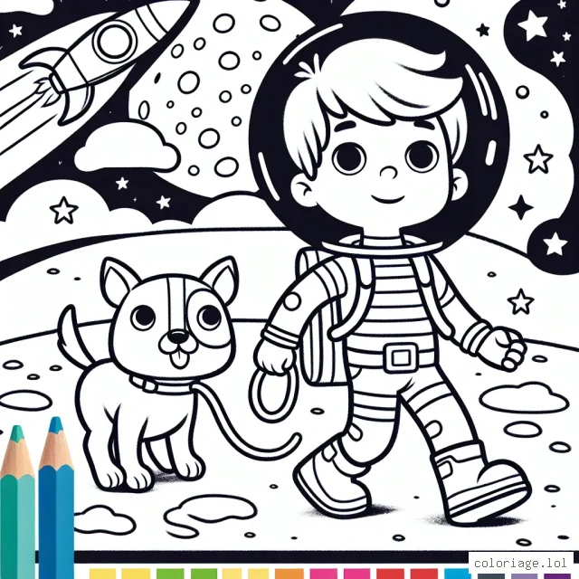 Un jeune garçon courageux marchant sur la lune avec son chien explorateur spatial.
