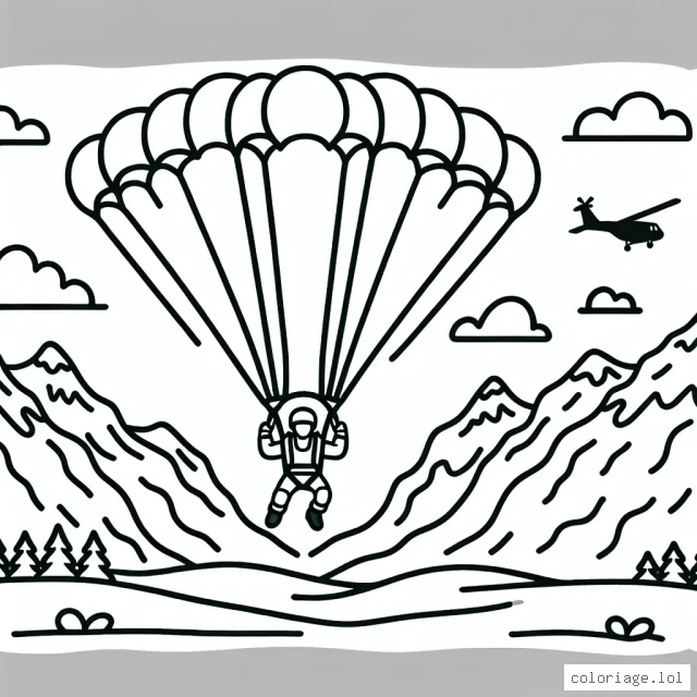Dessine une scène captivante de saut en parachute avec un arrière-plan de montagnes enneigées