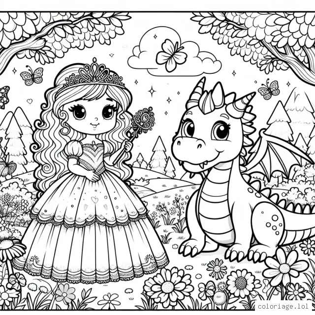 Ce dessin dépeint une jeune princesse et son dragon amical qui vivent dans un royaume enchanté plein de fleurs et d'arbres. La princesse porte une belle robe à volants, une tiare brillante et tient un sceptre magique. Le dragon, malgré sa grande taille, a l'air sympathique avec son sourire et ses grands yeux. Autour d'eux, le paysage est plein d'arbres, de fleurs et de papillons