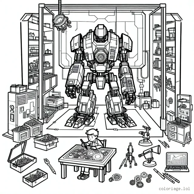 Un petit garçon est en train de construire un robot géant dans son atelier.