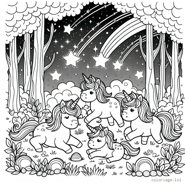 Un groupe fantastique de licornes jouent ensemble dans une forêt enchantée sous une pluie d'étoiles filantes.