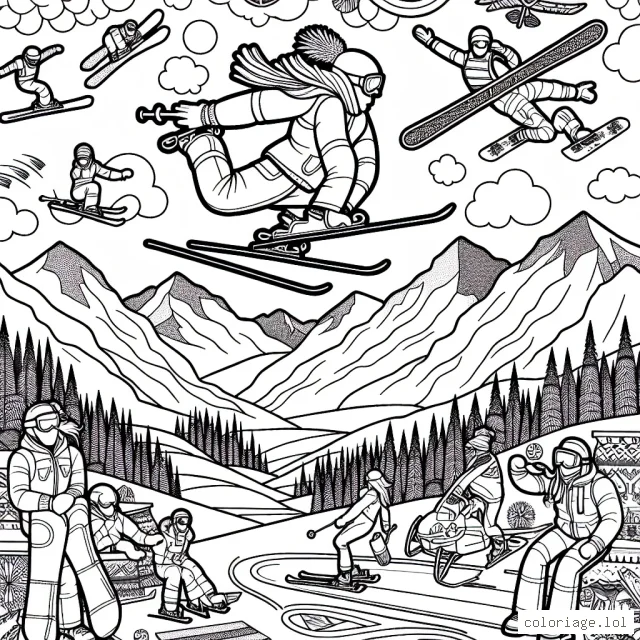 Dans cette scène, un athlète en plein vol exécute un saut impressionnant en ski freestyle. Pendant que d'autres athlètes pratiquent le snowboard et le motoneige en arrière-plan. Les montagnes, le ciel et les sports équipements attendent d'être colorés.