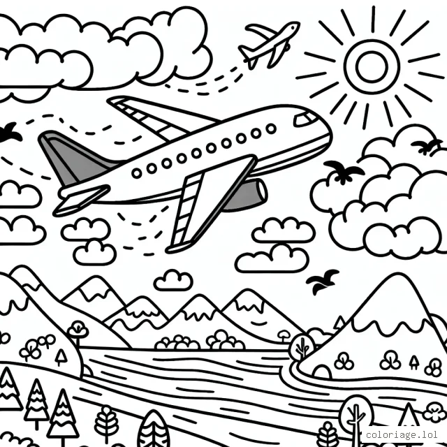 Imagine un avion survolant les nuages. Dans le ciel, il y a également le soleil, des oiseaux. L'avion survole un paysage avec des montagnes, des arbres et une rivière. N'oublie pas de colorier l'intérieur de l'avion avec les passagers et l'équipage.