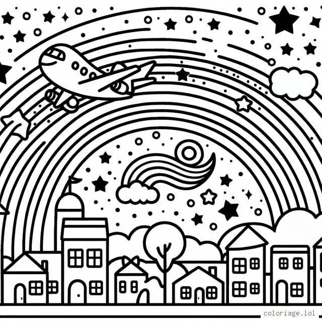 Un avion virevolte dans le ciel sous un arc-en-ciel multicolore, au-dessus d'une ville animée et chatoyante.