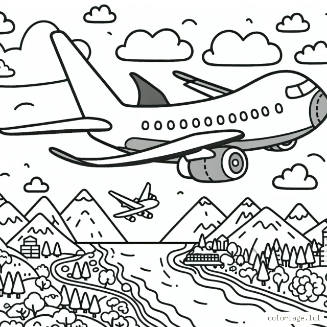 Un avion survole le monde, traversant différents environnements et paysages. L'avion est grand et détaillé, avec des ailes larges. Autour de l'avion, on peut apercevoir des montagnes, une forêt, un océan et une ville animée.
