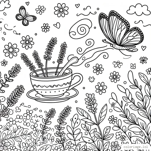 Une tasse volante de thé à la lavande se promène dans un jardin magique rempli de fleurs et de papillons.
