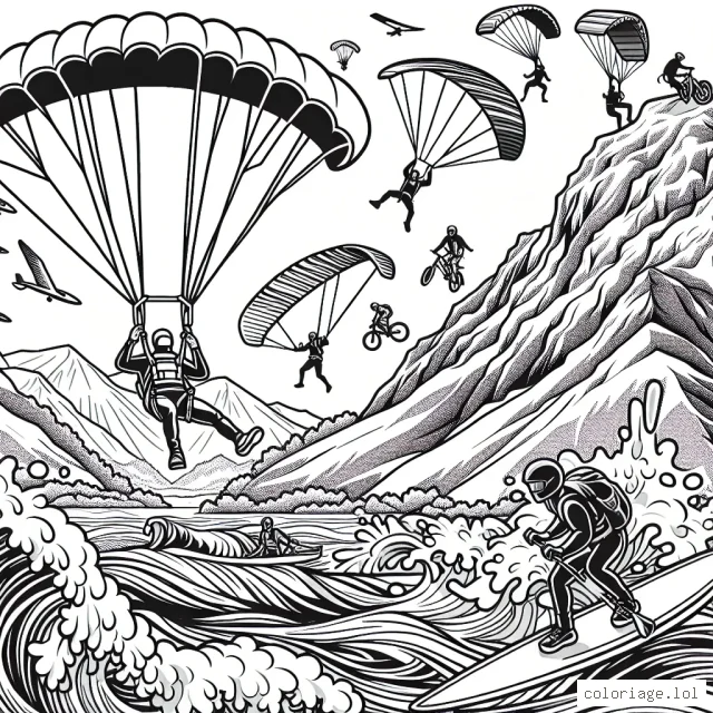 Un sportif audacieux exécute un saut en parachute depuis le sommet d'une montagne enneigée, tandis que d'autres sortent des eaux tumultueuses sur leurs planches de surf. Il y a aussi des sportifs qui montent des falaises abruptes et un cycliste se déplaçant rapidement sur une piste de montagne. Le ciel est orné d'ailes deltaplane et de parapente. Les enfants peuvent colorer les éléments dans la couleur qu'ils préfèrent!