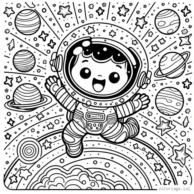 image d'un super explorateur de l'espace avec une combinaison spatiale flamboyante et un casque brillant, flottant au milieu des étoiles et des planètes colorées, prêt à atterrir sur une planète mystérieuse