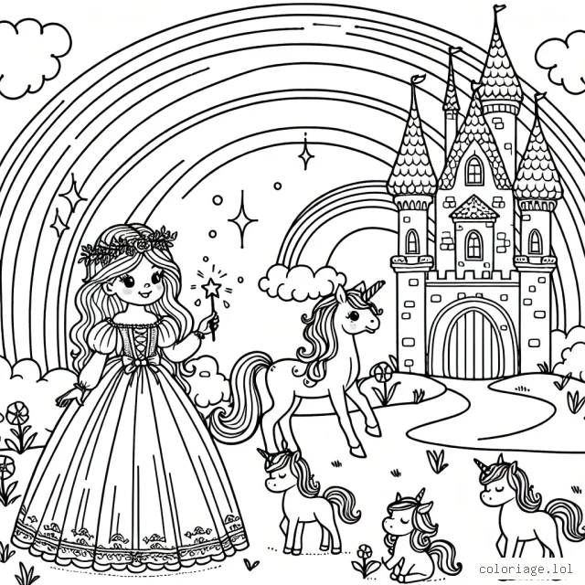 Un magnifique royaume enchanté, peuplé de licornes et de petits elfes à côté d'un grand arc-en-ciel. Au centre, une jolie princesse vêtue d'une longue robe, tenant une baguette magique. Près d'elle, se trouve un beau château rose orné de tours en spirales.