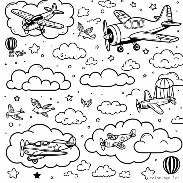 Imagine un monde dans les nuages, dominé par des avions de différentes sortes. Il y a des avions à hélices, des avions de chasse et même des avions à réaction. Tous volent ensemble dans le ciel bleu. Ils sont accompagnés d'oiseaux et de ballons à air qui flottent parmi les nuages moelleux blancs et roses.