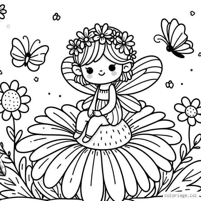 Imagine à colorier une petite fée des fleurs, assise sur un doux pétale de marguerite, qui utilise ses pouvoirs magiques pour aider les fleurs à fleurir alors que les papillons dansent autour d'elle.