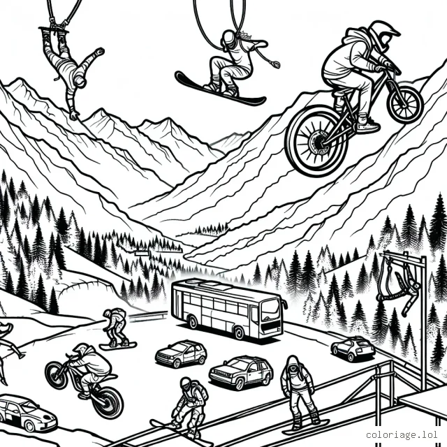 Imagine une scène trépidante de sports extrêmes montrant des sportifs pratiquant du snowboard, du VTT de descente, du parkour et du saut à l'élastique. Pense à ajouter un décor de montagnes, de forêts et de bâtiments urbains.