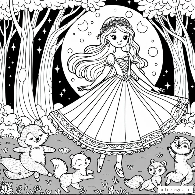 Une princesse danse à la lumière de la lune avec ses amis animaux dans une forêt enchantée.