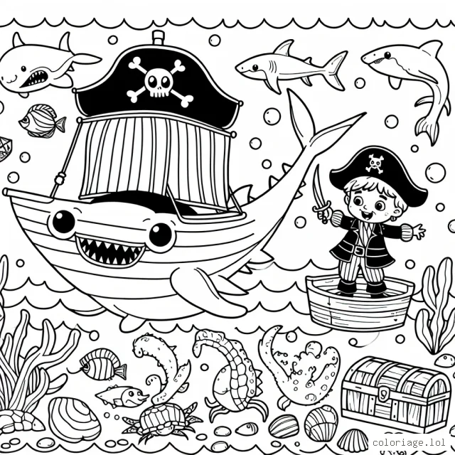 Dessin d'une scène d'aventure en mer avec un petit pirate courageux sur son navire, confronté à un grand requin, entouré des trésors de l'océan et d'animaux marins
