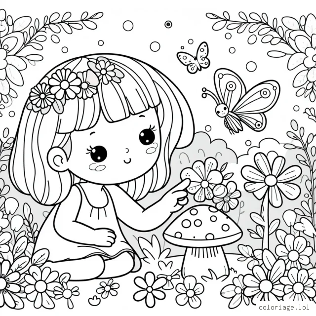 Une jeune fille avec des ailes de papillon jouant dans un jardin merveilleux rempli de fleurs et de champignons colorés, un papillon perché sur son doigt.