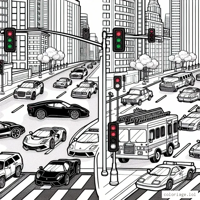 Des voitures de toutes sortes sont garées dans une avenue très animée, attendant que les feux de signalisation changent. Il y a des voitures de sport, des voitures anciennes, des fourgonnettes colorées et même une camionnette de pompiers. Jetez votre meilleur coup d'œil pour colorer le paysage urbain.