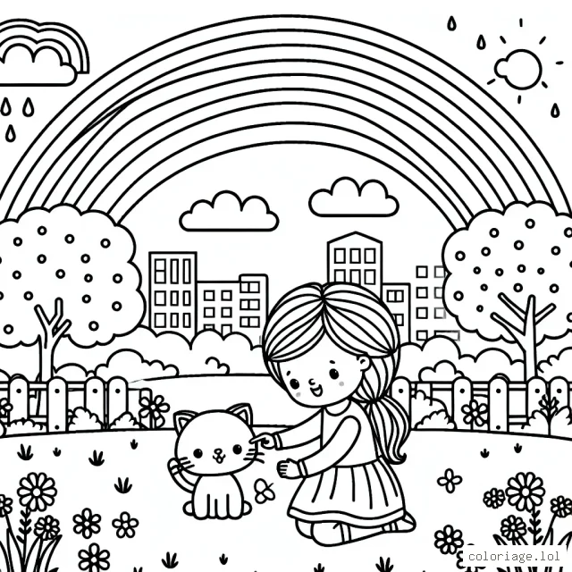 Une petite fille joue dans un parc avec son chaton sous un arc-en-ciel