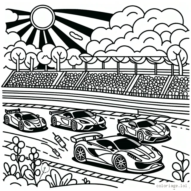 Dessine une course passionnante de voitures de sport colorées sur une piste animée. N'oublie pas d'ajouter dans l'arrière-plan des gradins remplis de fans, des arbres, des nuages et un beau soleil radieux.