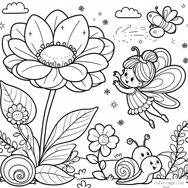 Une petite fée aux ailes brillantes se prépare à prendre son envol depuis une grande fleur pour rendre visite à ses amis, le papillon et l'escargot, dans une ambiance féerique au cœur de la nature.