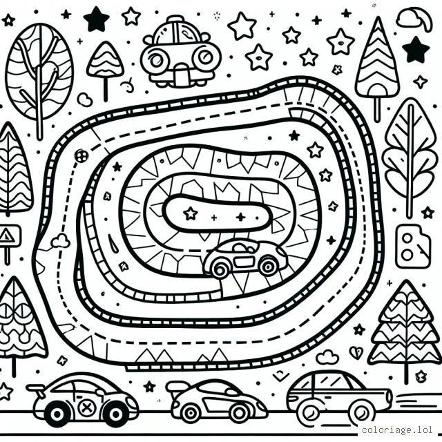 Dessinez et coloriez un circuit animé avec différentes sortes de voitures et des éléments de décor comme les panneaux de signalisation, les arbres et un ciel étoilé.