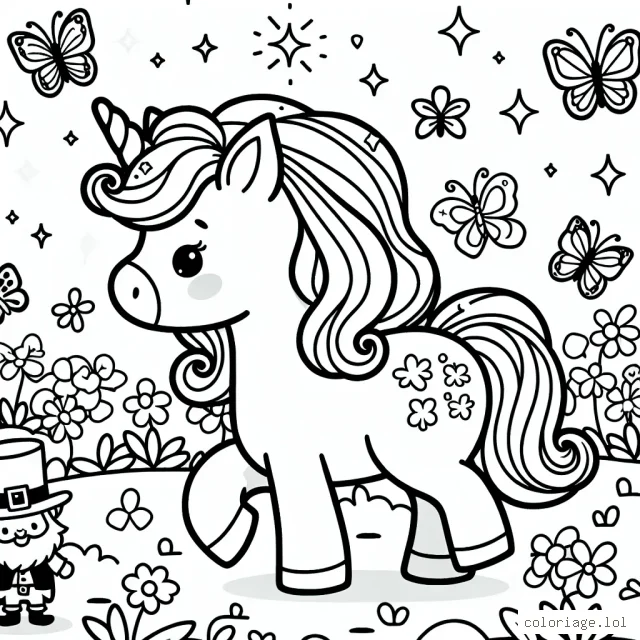 Imaginer une mignonne licorne se promenant dans un jardin enchanté, entourée de fleurs colorées, de farfadets joueurs et de papillons étincelants. La licorne sera au centre de l'image, avec un pelage blanc doux, une crinière et une queue aux couleurs de l'arc-en-ciel. N'oubliez pas de colorier son corne magique dorée!
