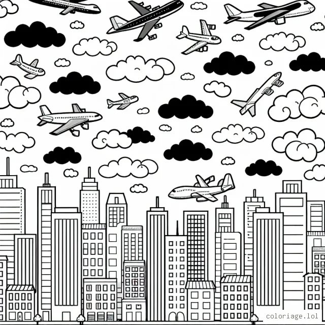 Un assortiment d'avions dans le ciel bleu avec des nuages flottants. En bas, il y a une ville animée avec des bâtiments aux formes variées.