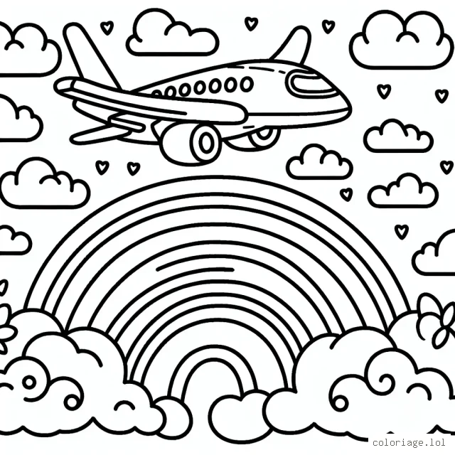 Un avion qui vole au-dessus des nuages avec un arc-en-ciel en arrière-plan
